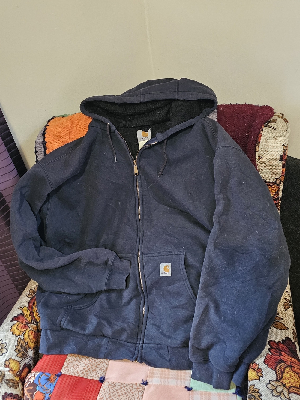 VTG 90s 1998 Carhartt Thermal Full Zip Hooded Jacket Navy 2XL